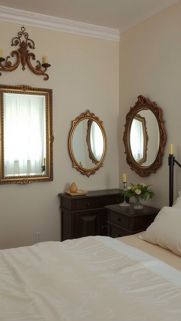 A cozy bedroom featuring multiple mirrors with ornate frames, reflecting light and enhancing the space.