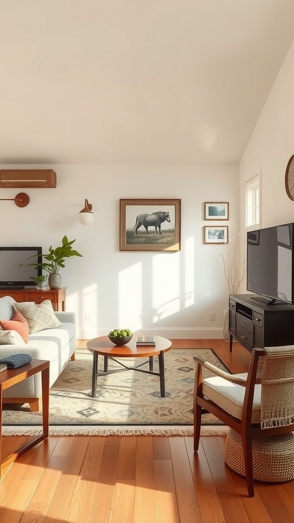 A bright and airy ranch-style living room featuring a mix of modern and traditional decor, including a light sofa, wooden coffee table, and art on the walls.