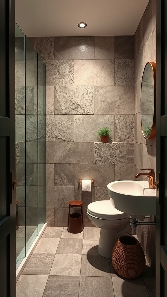 A small bathroom featuring a glass shower, textured stone tiles, a round mirror, and decorative elements like a potted plant and woven basket.