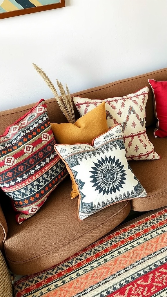 A cozy couch with mixed pattern throw pillows in a modern boho living room setting.