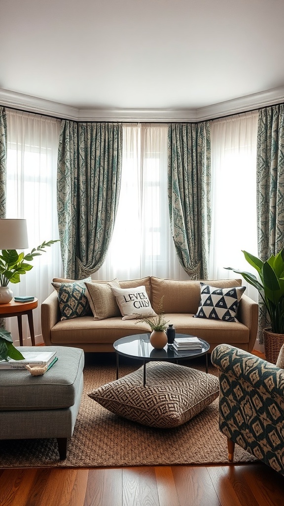 A cozy living room with mixed patterns and textures, featuring floral curtains, a beige sofa, patterned cushions, and a round coffee table