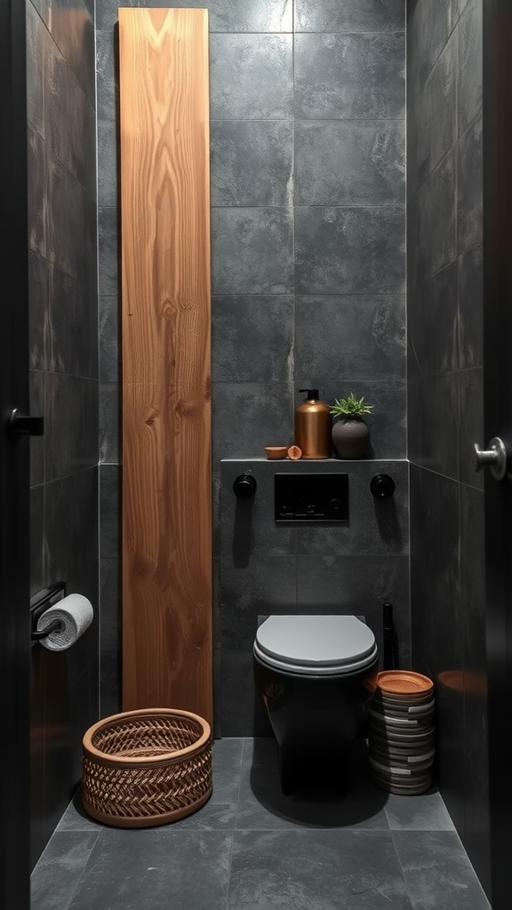 A small dark bathroom featuring wooden paneling, dark tiles, and various decorative items.