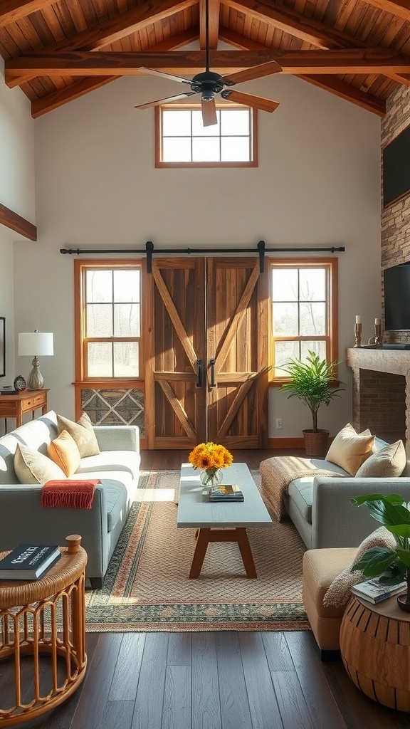 A modern living room with a rustic touch, featuring wooden elements, comfortable seating, and natural light.