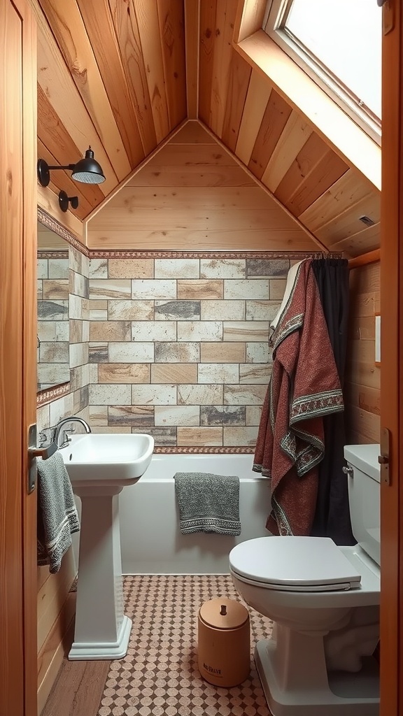 A cozy small bathroom with slanted ceiling featuring wooden walls, patterned tiles, and textured towels.