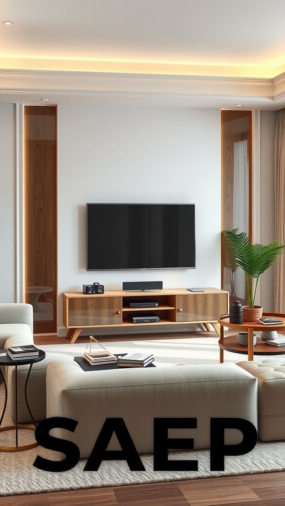 A modern living room featuring a sleek entertainment center with a television, a comfortable sectional sofa, and a potted plant.