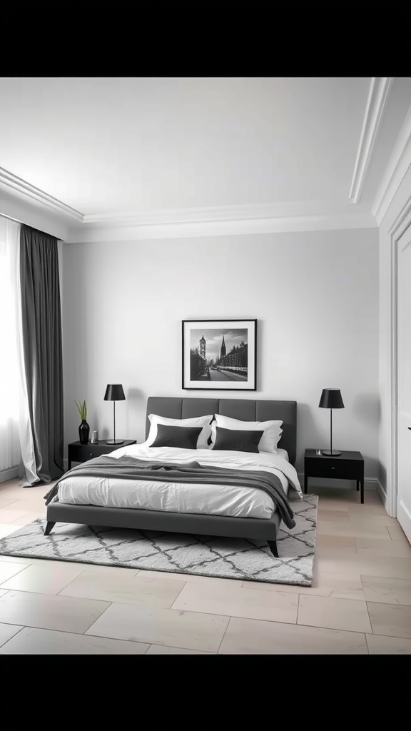 Modern French style bedroom featuring a gray bed, crisp white linens, black nightstands, and a serene color palette