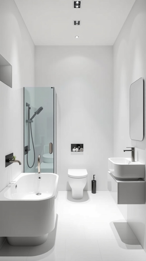 A modern minimalistic ensuite bathroom featuring a freestanding bathtub, a glass shower, and a sleek design.