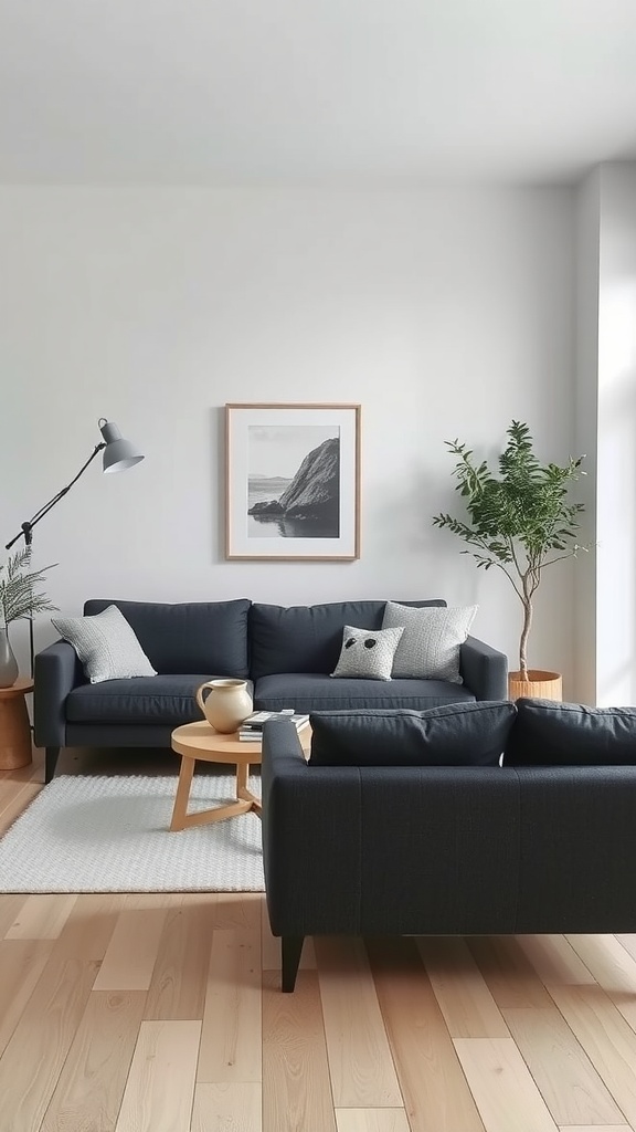 Living room with a dark gray couch, wooden coffee table, floor lamp, and plants, showcasing a modern Scandinavian style.