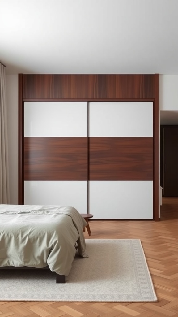 A modern bedroom featuring a sliding door wardrobe with wooden and white panels.