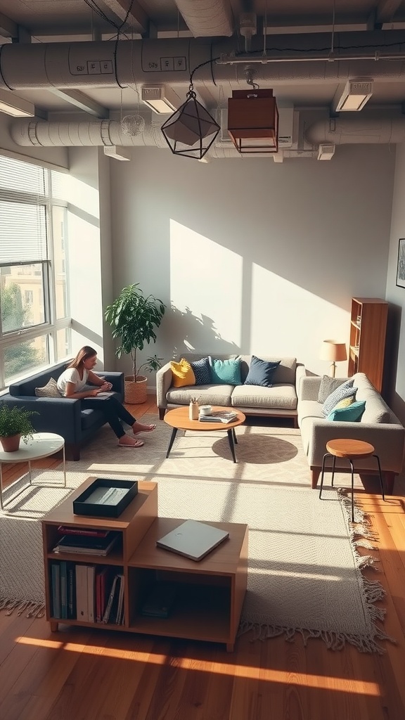 A bright living room with modular seating, including a sectional sofa, chairs, and a coffee table.