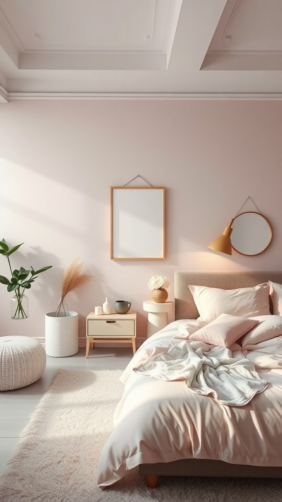 A cozy bedroom showcasing monochromatic layering with soft pink tones and natural elements.