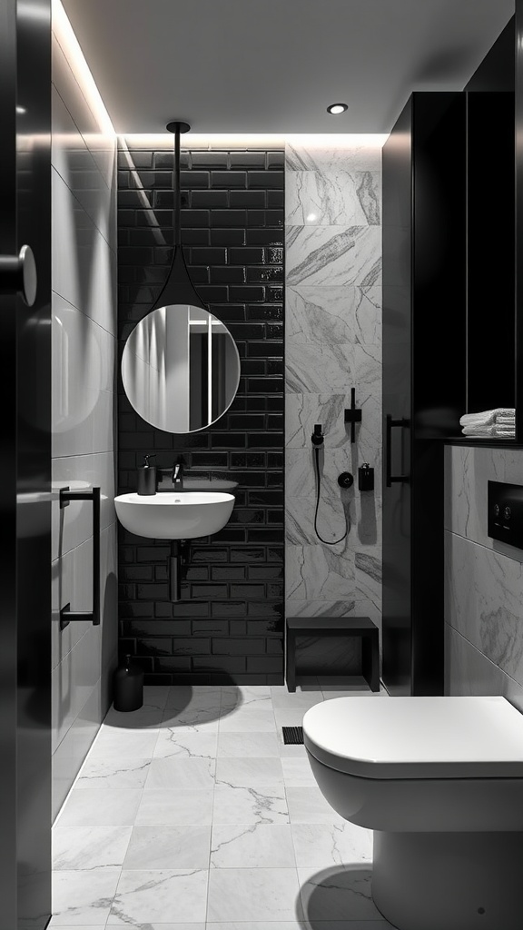 A minimalist small bathroom featuring black tiles, marble accents, and a round mirror