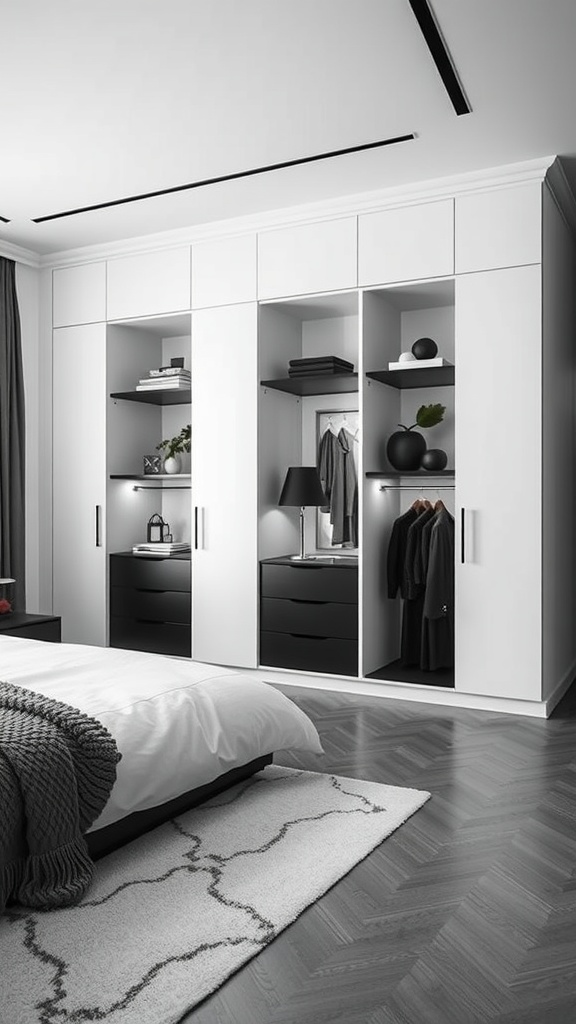 A modern monochrome bedroom wardrobe featuring sleek white and black design, open shelves, and minimalistic decor.