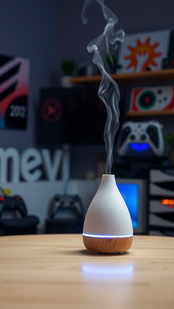 A stylish aromatherapy diffuser releasing a gentle mist in a gaming room setup.