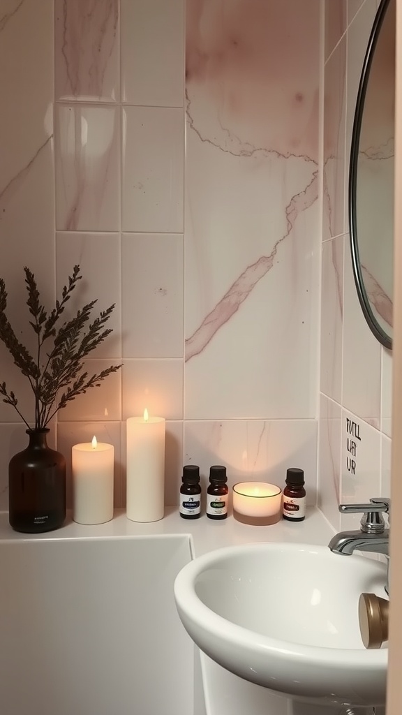 A serene small bathroom with candles and essential oils on display