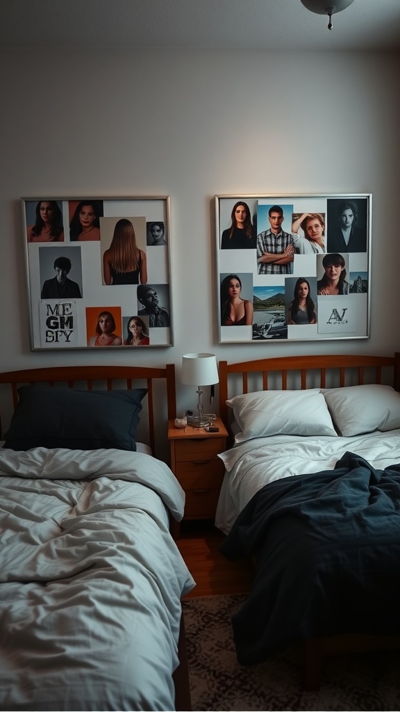 A shared bedroom with two beds, each adorned with mood boards featuring various photos and quotes.