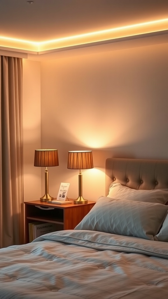 Cozy bedroom with warm mood lighting from table lamps and ceiling lights.