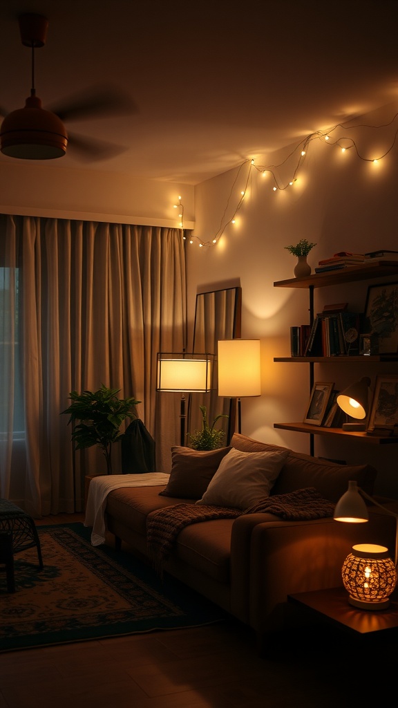 A cozy living room with warm lighting from string lights, lamps, and a decorative lantern.