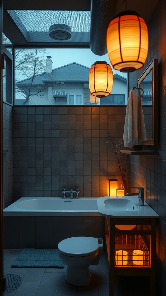 A cozy bathroom featuring warm lantern lighting and a serene atmosphere.