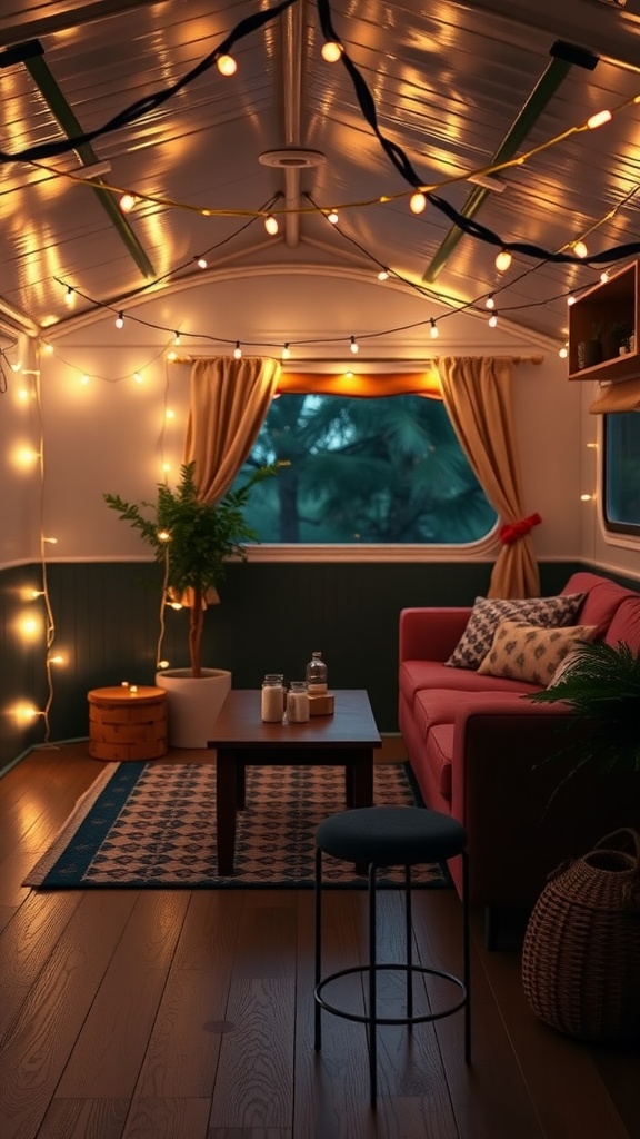 Cozy trailer living room with string lights, pink sofa, and a potted plant.