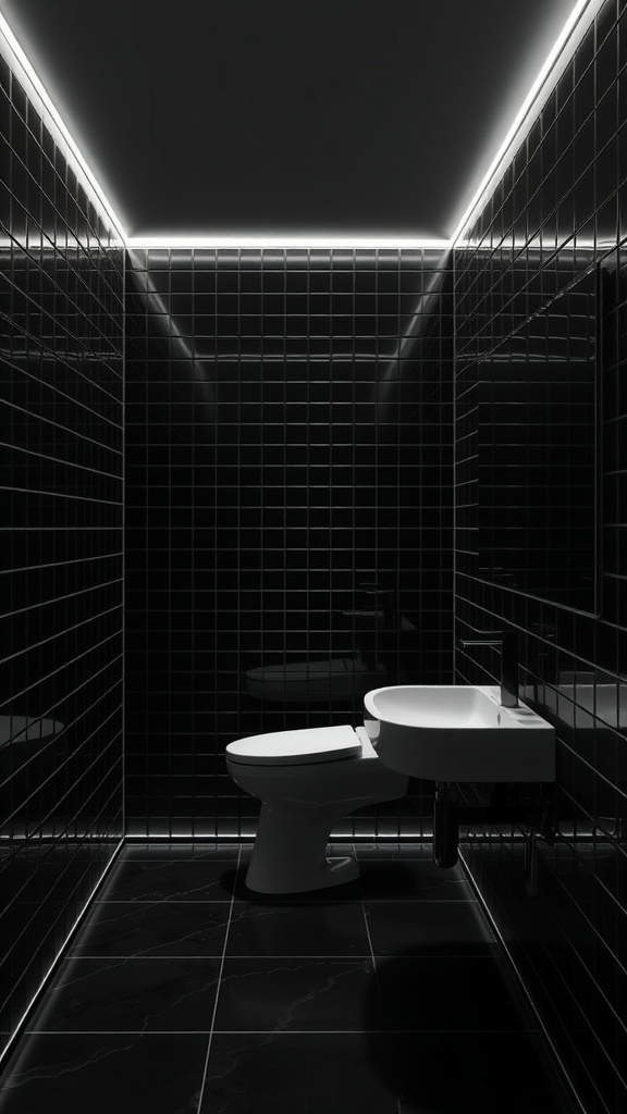 A modern bathroom with black tiles and subtle lighting