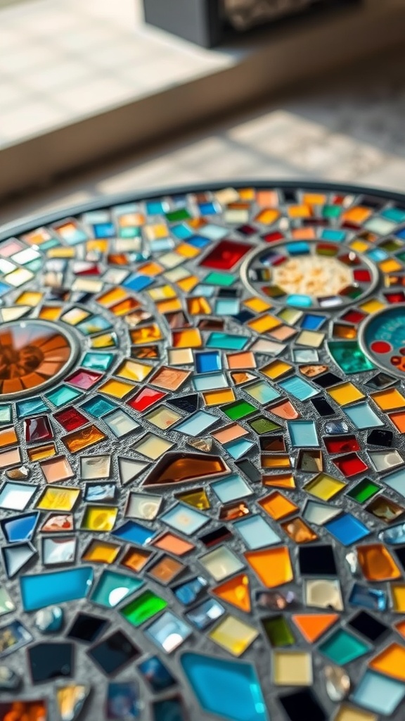 A close-up of a colorful mosaic glass tabletop featuring various shapes and colors of glass.