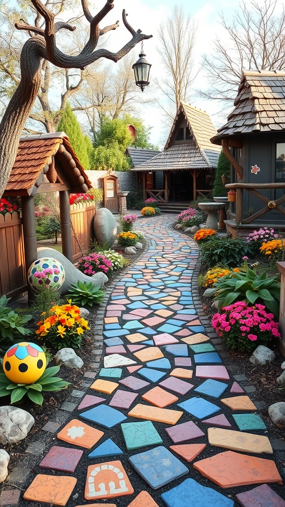 A colorful mosaic stone pathway surrounded by vibrant flowers and whimsical garden structures.