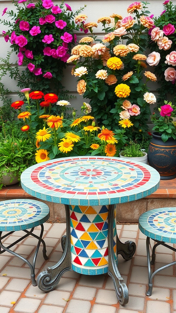 A mosaic tiled table with colorful patterns surrounded by vibrant flower beds.