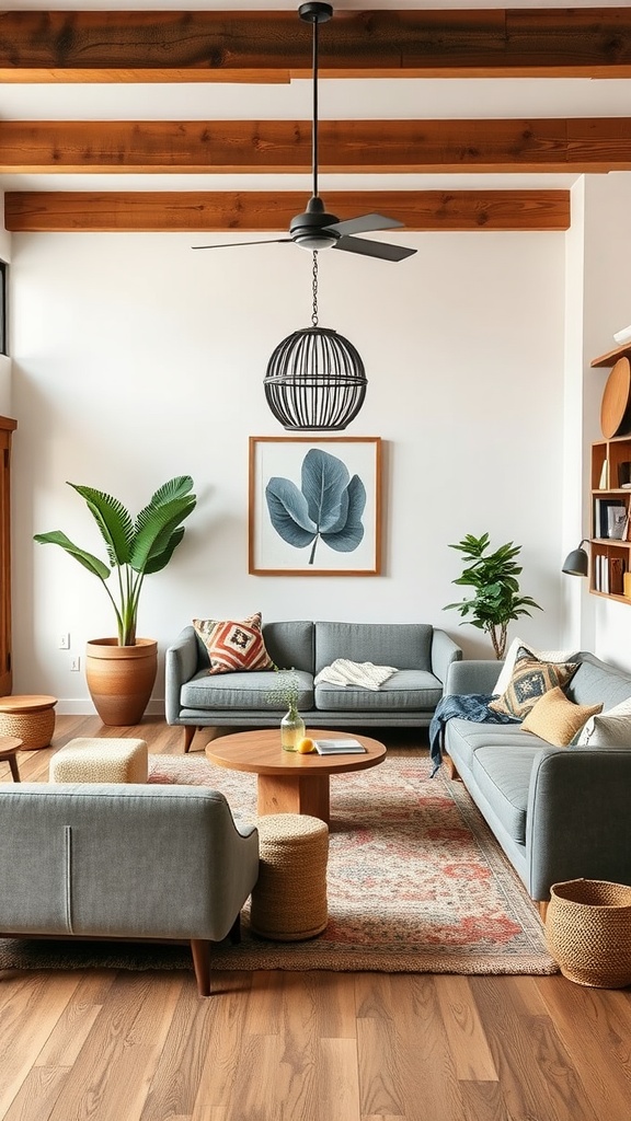 Modern boho living room with multi-functional furniture including sofas, a coffee table, and poufs.