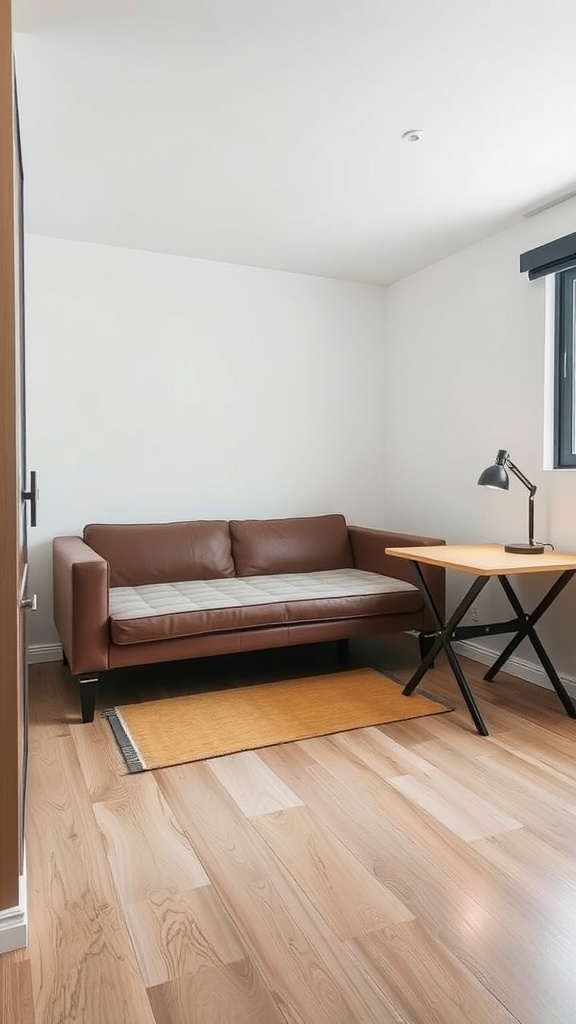 A small bedroom featuring a brown sofa, a wooden desk, and a lamp, showcasing multi-functional furniture.