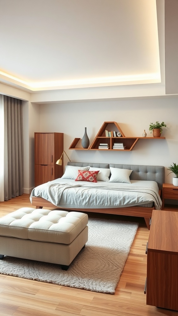 A modern shared bedroom featuring multi-functional furniture, including a bed with a bookshelf headboard, a stylish ottoman, and a compact bedside table.