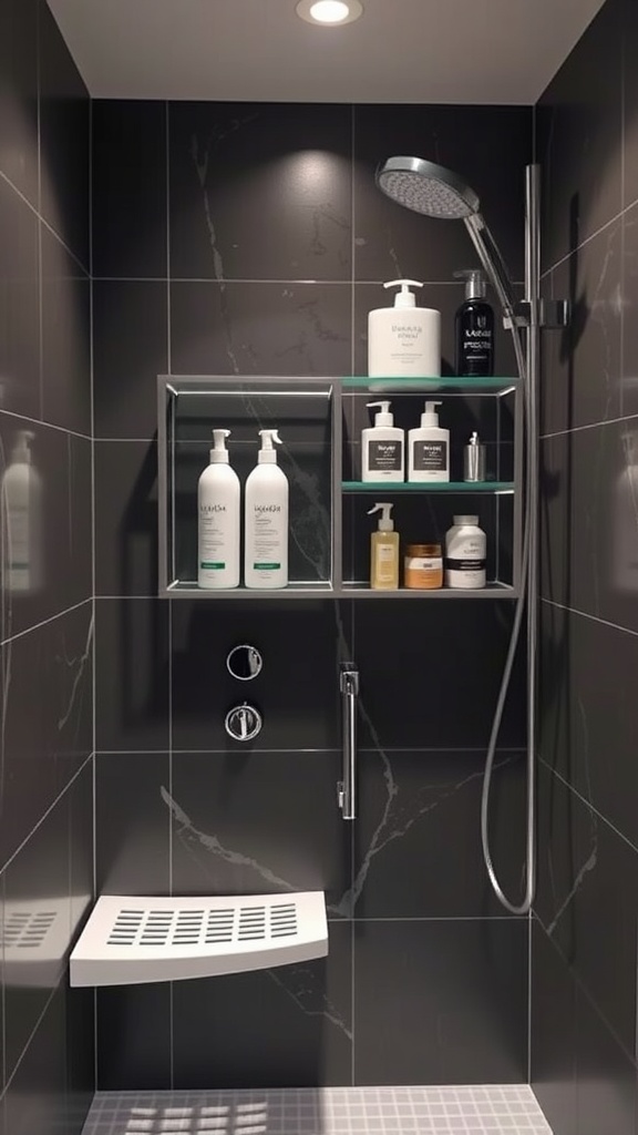 A modern shower with multi-functional glass shelves displaying various shower products.