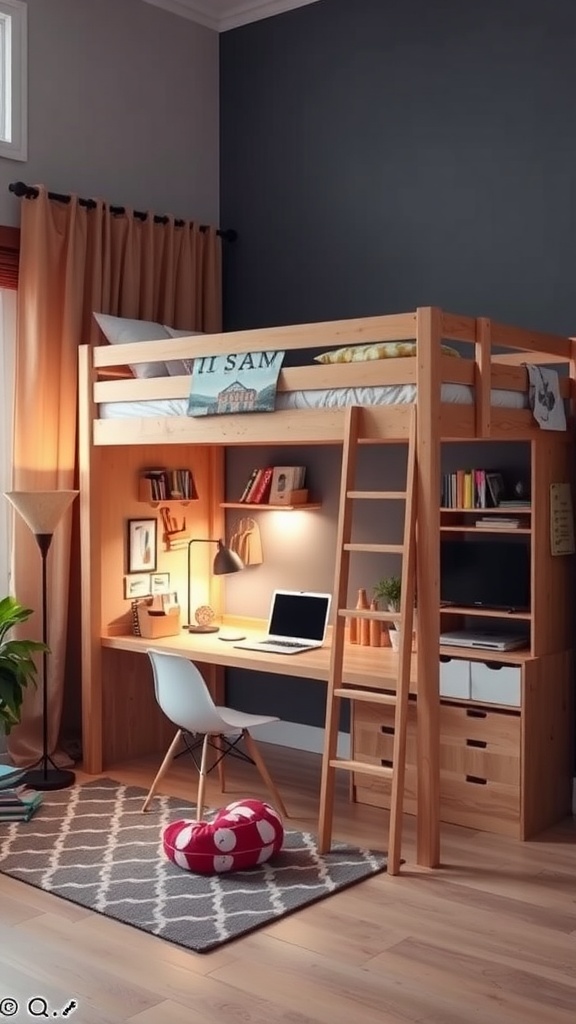 A cozy multi-purpose loft bed with a workspace underneath, featuring a desk, chair, and decorative elements.