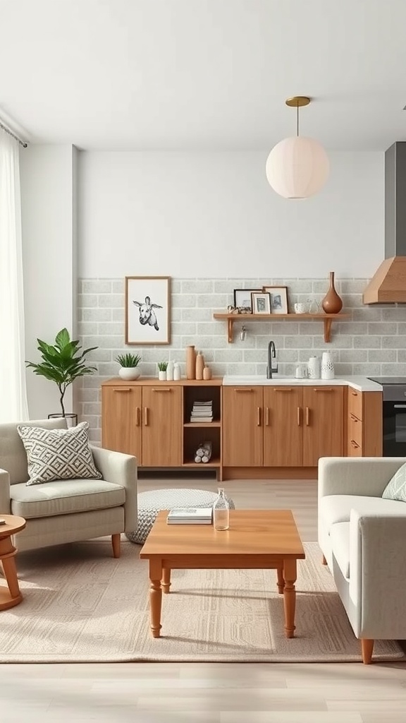 A modern living room and kitchen combo featuring multifunctional furniture.