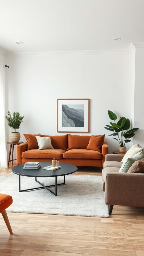 A stylish living room with an orange sofa, a round coffee table, and green plants.