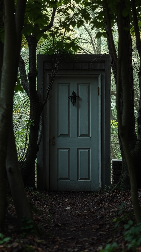 A mystical door surrounded by trees in a forest, inviting exploration.