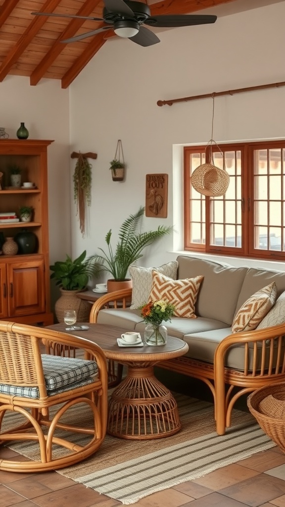 A cozy living room with rattan furniture, a wooden coffee table, and decorative cushions.