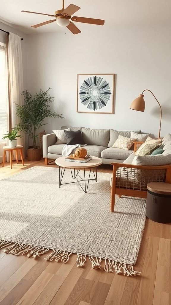 A cozy living room featuring a neutral natural fiber rug, wooden furniture, and plants, creating a modern boho aesthetic.