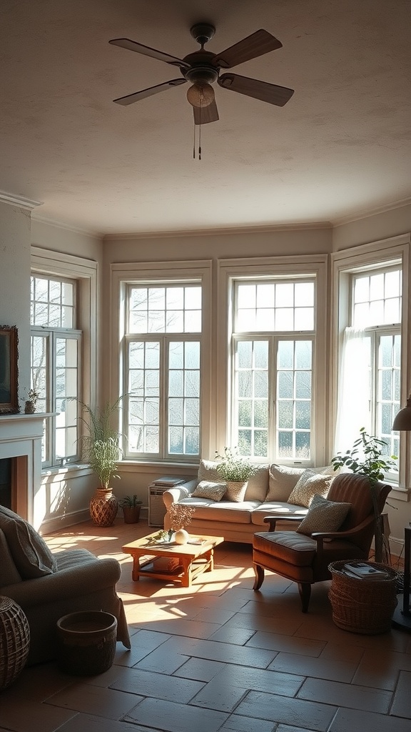 A cozy living room with large windows allowing natural light to fill the space, featuring a sofa, armchair, and plants.