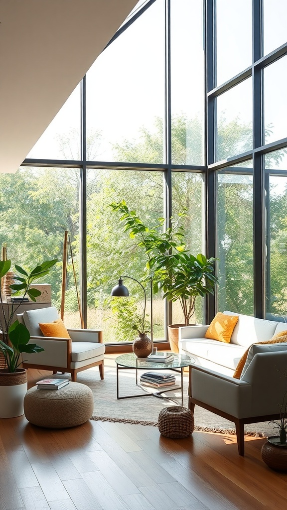 A bright and elegant living room featuring large windows, white furniture, plants, and wooden flooring.