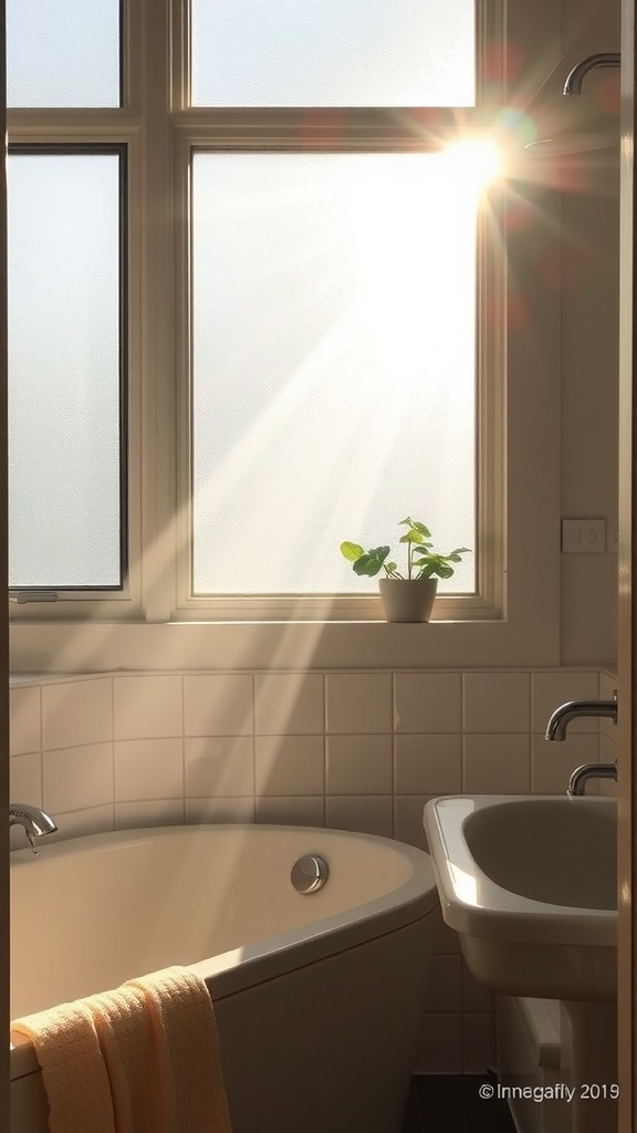 A warm bathroom with frosted windows allowing sunlight to stream in, highlighting a bathtub and a small plant.