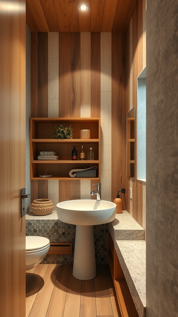 A small bathroom featuring warm wood paneling, stone accents, and modern fixtures.