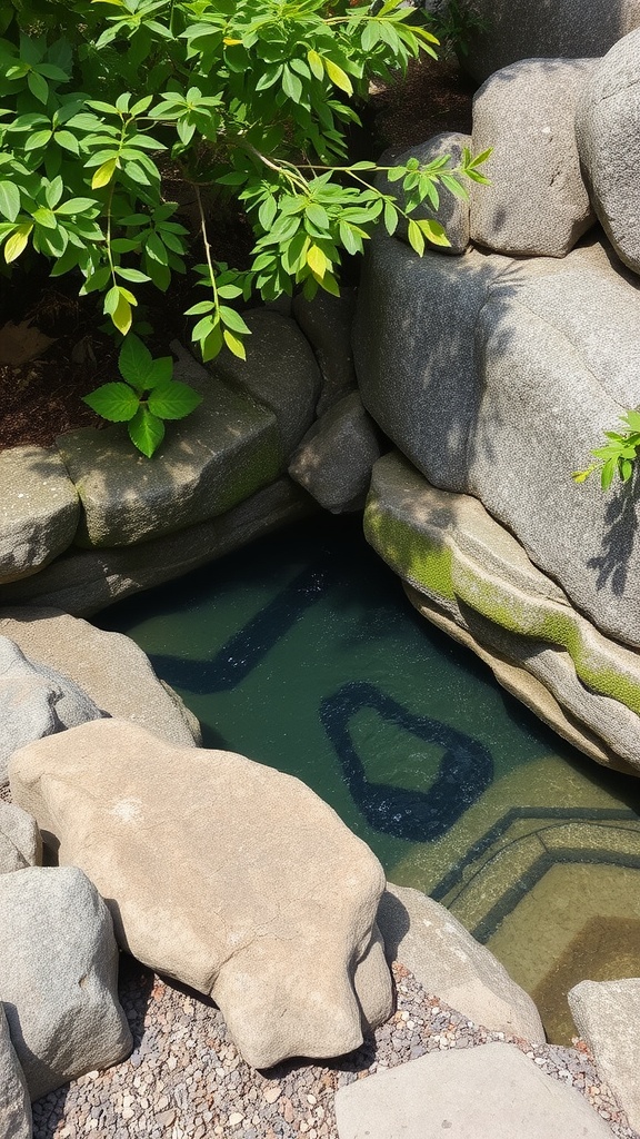 A natural rock pool surrounded by large stones and greenery, perfect for soaking.