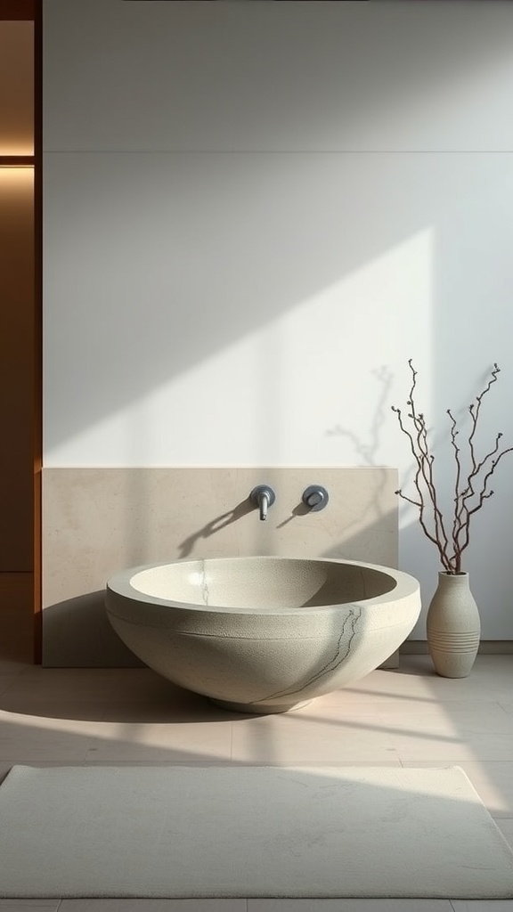 Natural stone basin in a minimalist bathroom setting, featuring soft sunlight and a simple vase