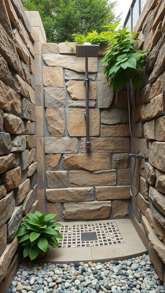 An outdoor shower featuring natural stone walls, a pebble floor, and greenery.