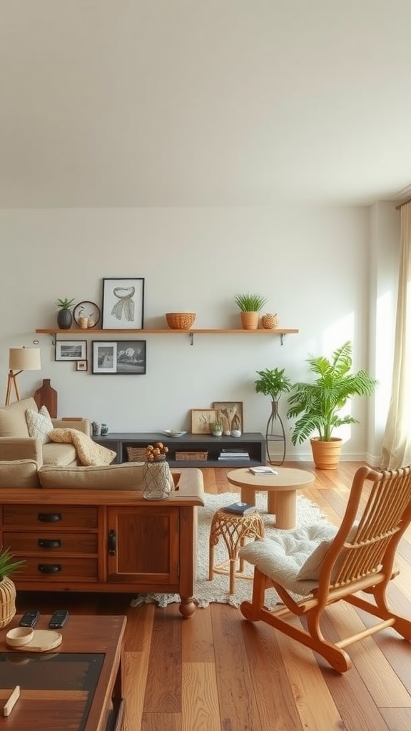 A cozy living room featuring natural wood accents, with a wooden coffee table, side tables, and a shelf displaying plants and decor.