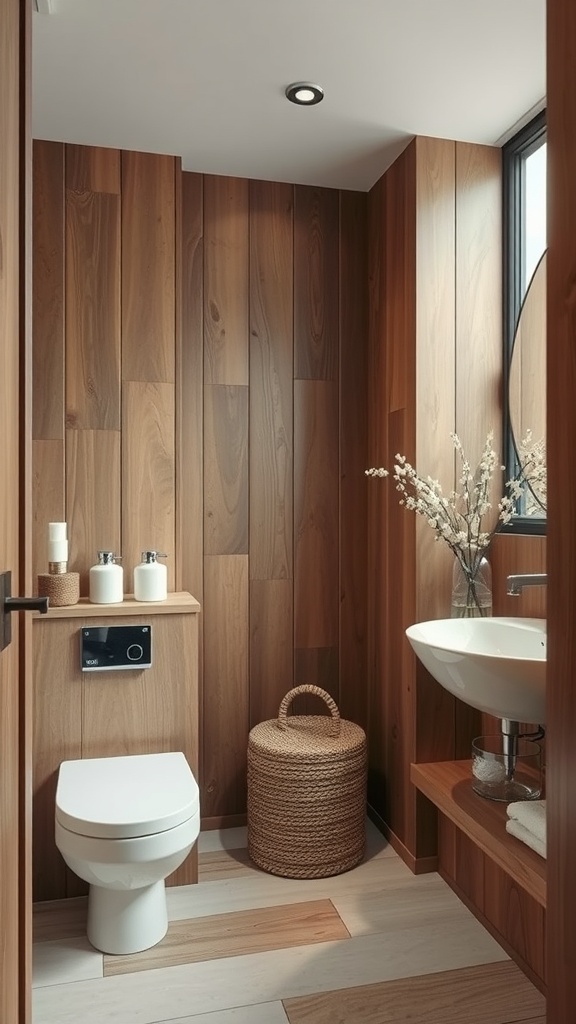 A warm and cozy bathroom featuring natural wood accents, a white toilet, and a stylish sink.