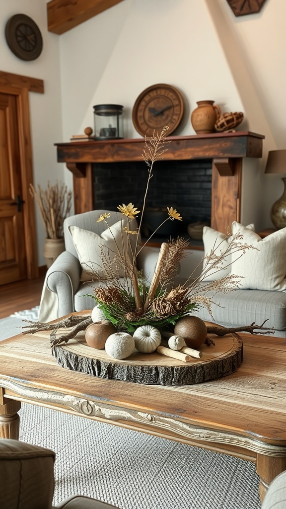 A nature-inspired centerpiece featuring dried flowers and decorative elements on a wooden coffee table