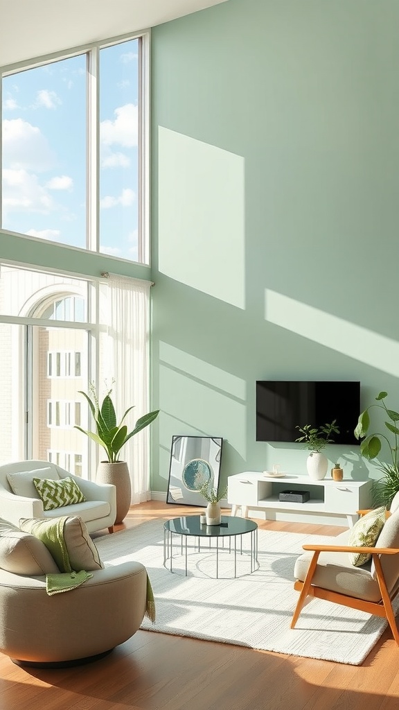 A bright, nature-inspired living room with mint green walls, large windows, and cozy furniture.