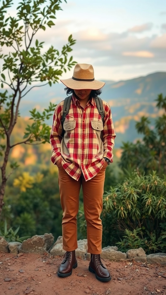 A person wearing a plaid shirt and brown pants, standing in a natural outdoor setting.